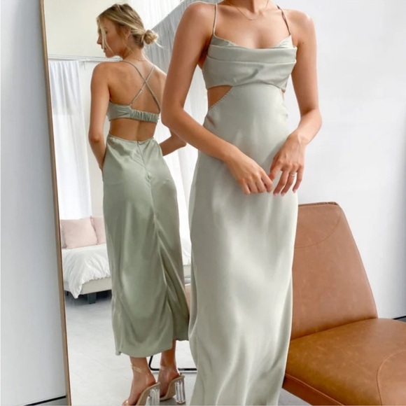 NWT Beginning Boutique cut out maxi dress in Sage. Silky backless strappy sheath - Picture 1 of 15